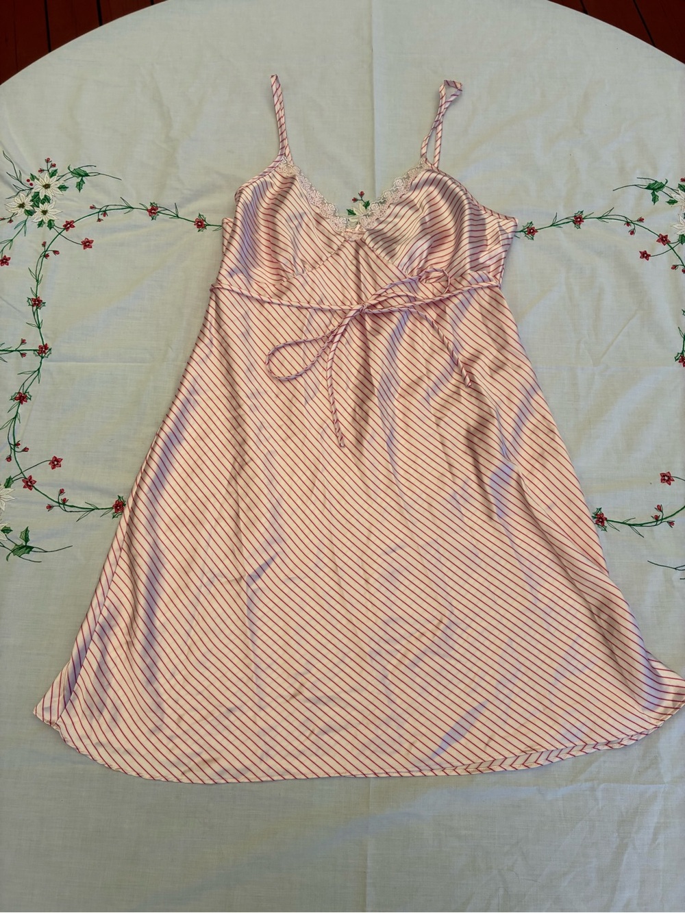 Vintage Striped Pink Satin Chemise Nightdress with Lace Trim